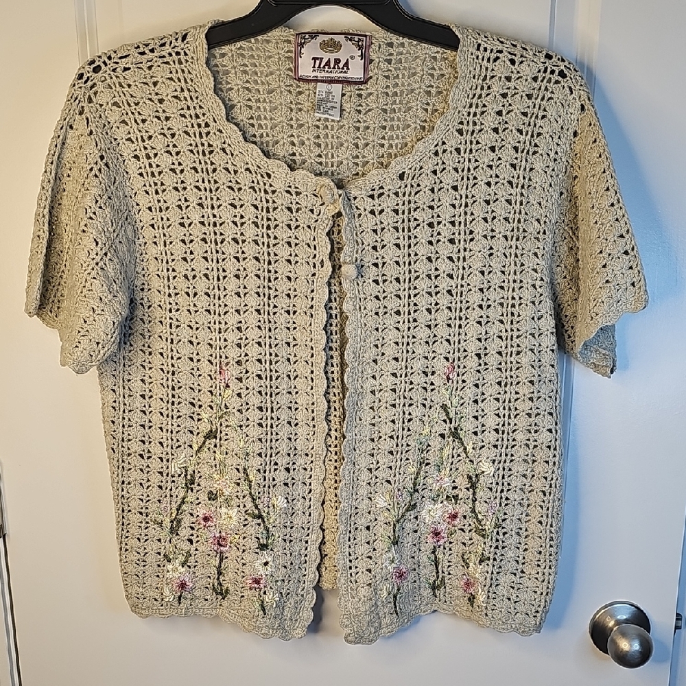 Tiara Internacional Women's Cream Crochet Cardigan Size L